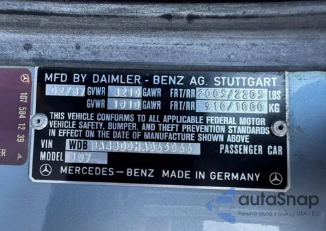 1987 Mercedes-Benz 560 Sl из США, поврежденный, VIN WDBBA48D0HA065066